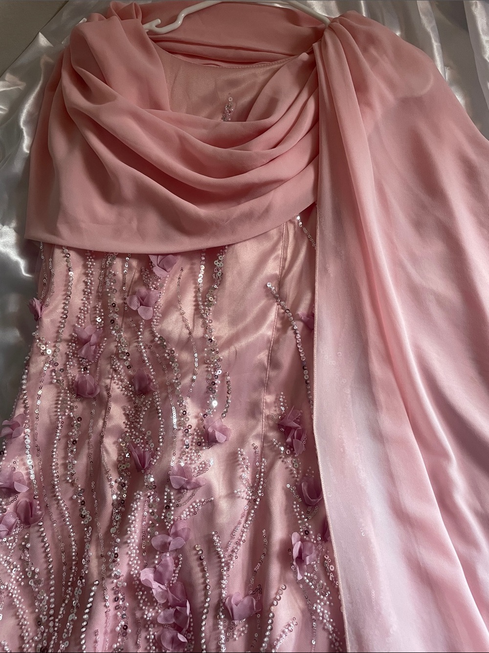 Embellished Pink Formal Chiffon Gown with Shawl